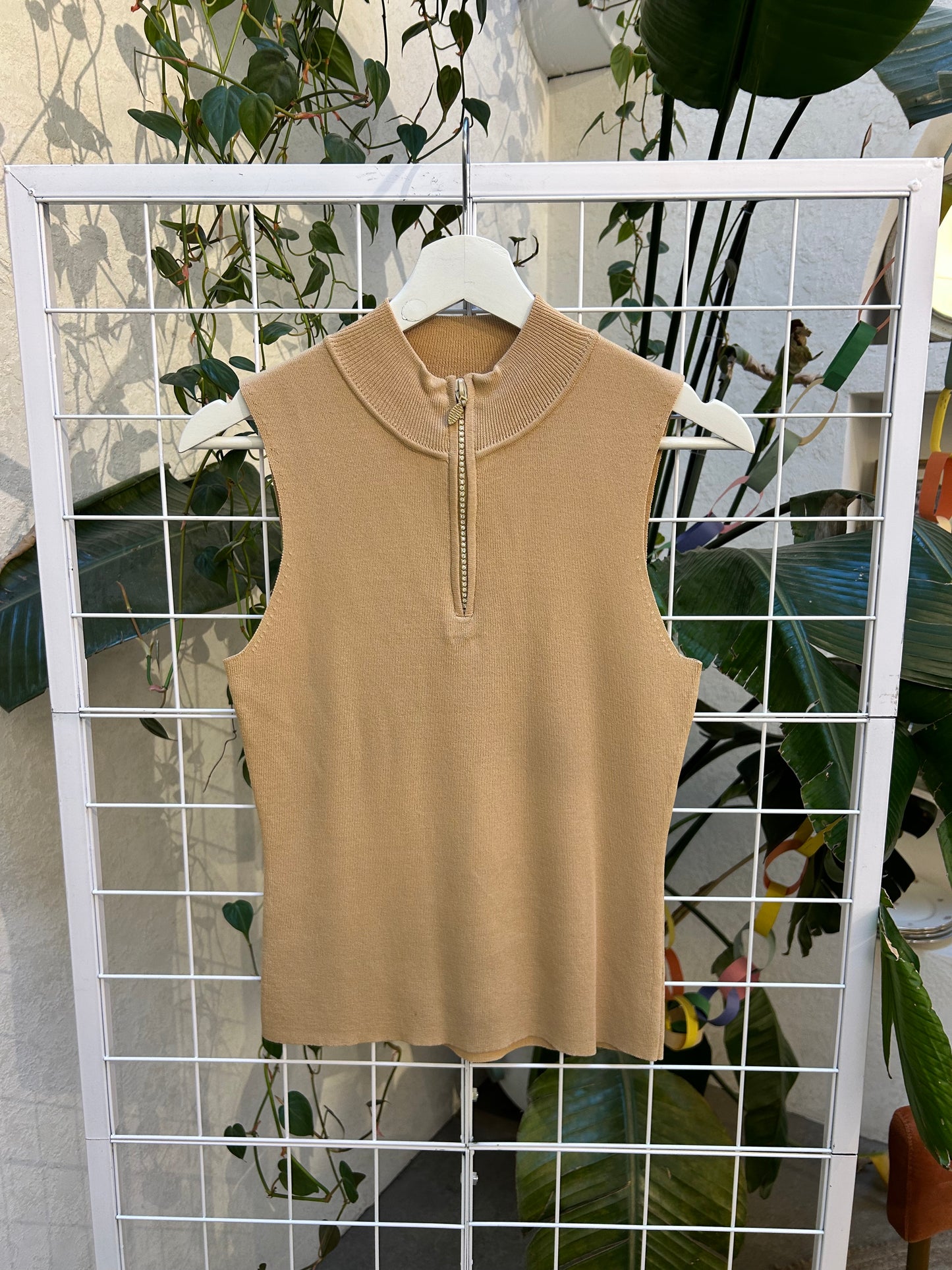 Fashion Essentials Tan Rhinestone Zip Mockneck Y2K Tank