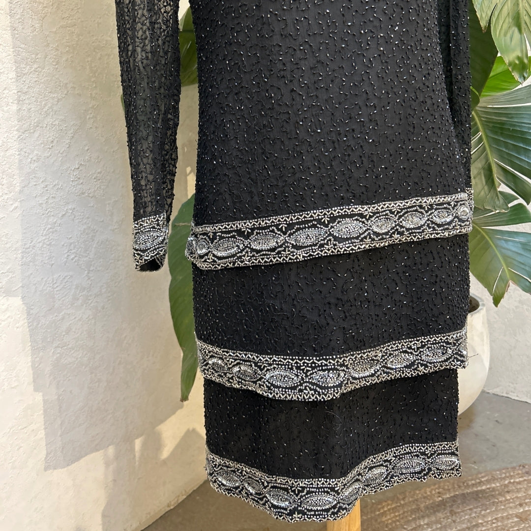 Laurence Kazar 1980s Black and Silver Beaded Dress