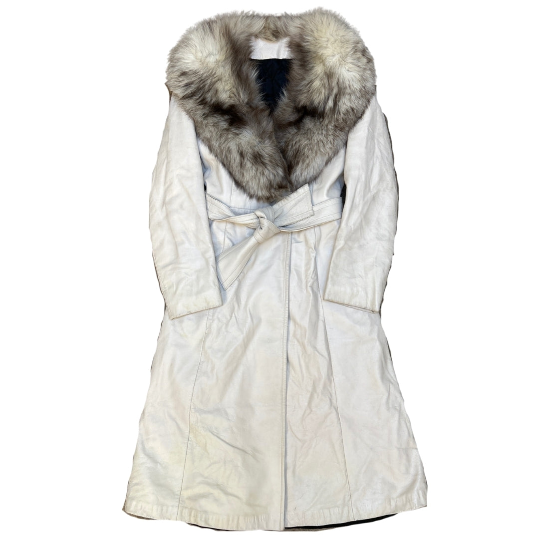 Rajac Bone White Leather Fur Collar Coat