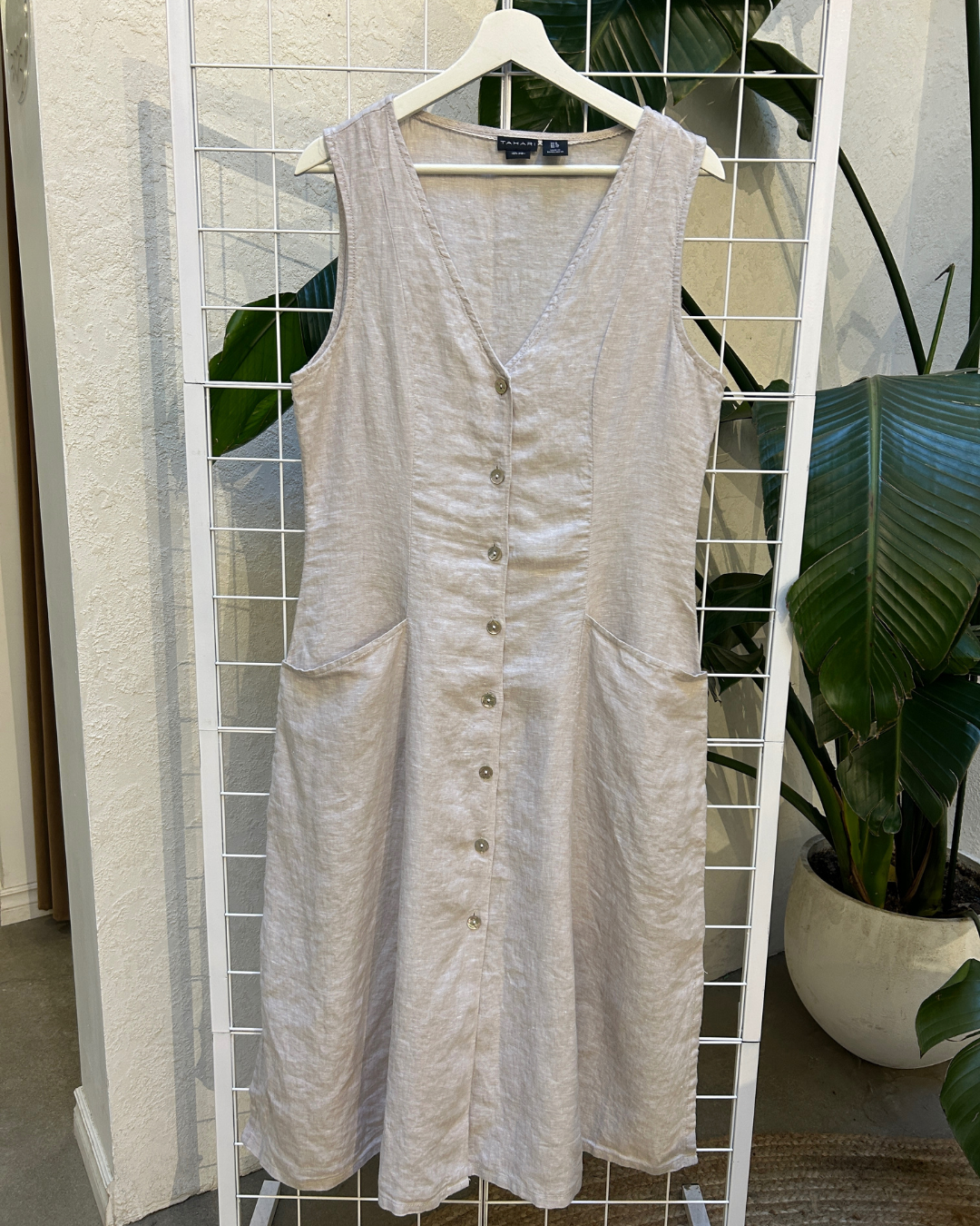 Tahari 100% Linen Beige Button Up Dress