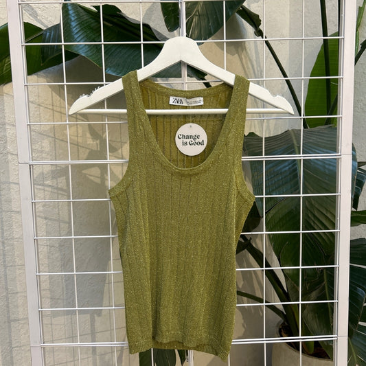 Zara Green Metallic Ribbed Tank Top