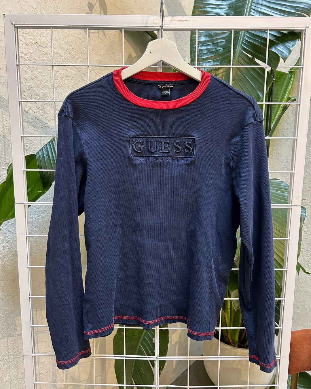 Guess Navy Red Accent Ribbed Top