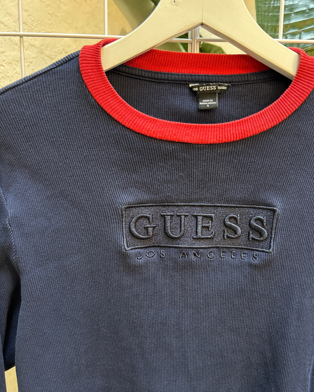 Guess Navy Red Accent Ribbed Top