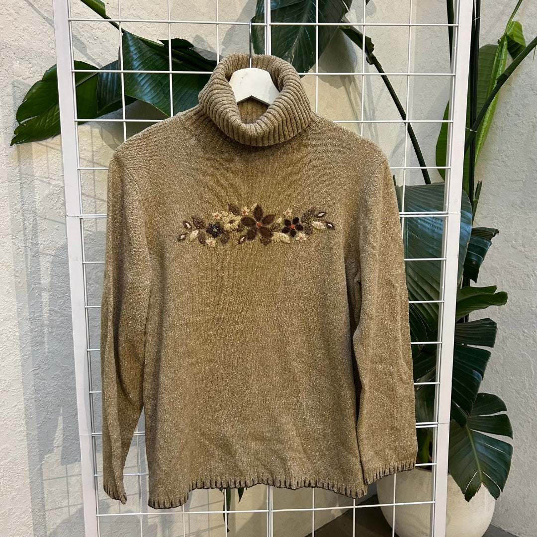 Penmans Beige Knitted Floral Embroidered Turtleneck