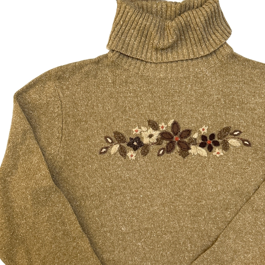 Penmans Beige Knitted Floral Embroidered Turtleneck