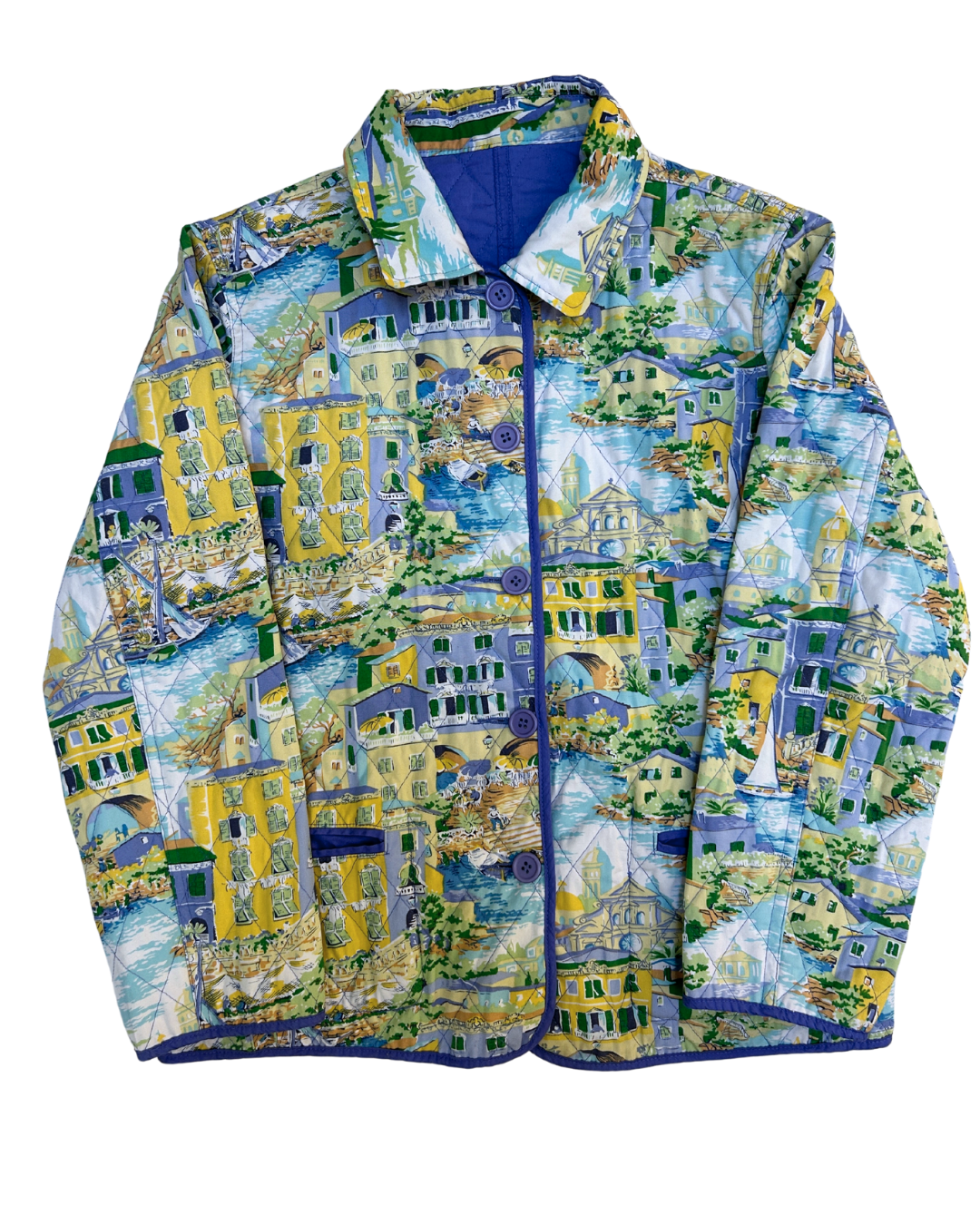 Vintage Blue and Cityscape Reversible Quilted Jacket