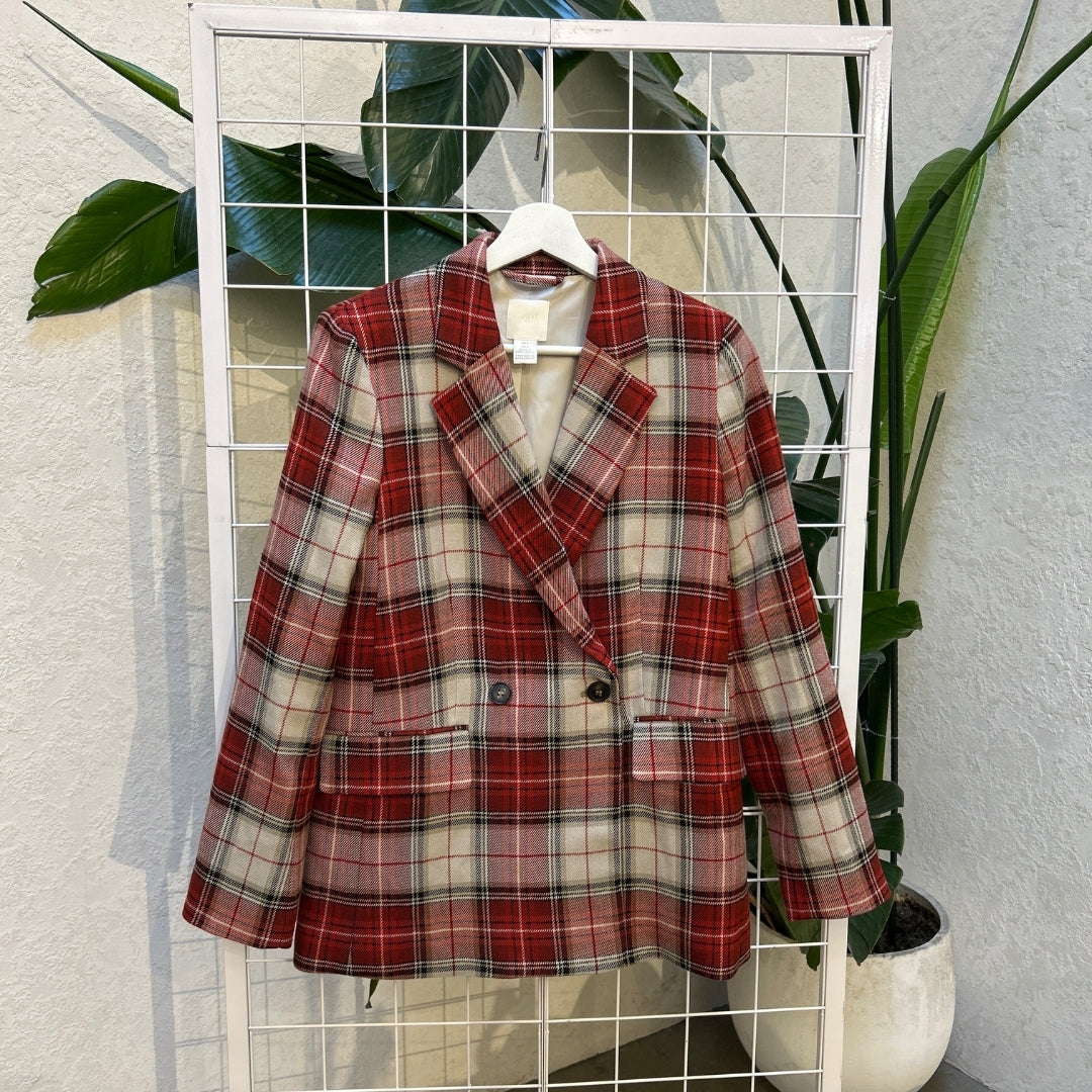 H&M Red & Beige Plaid Tailored Blazer