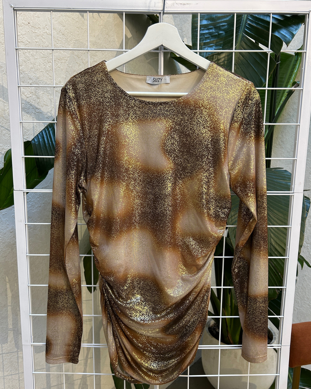 Suzy Shier Brown and Gold Shimmer Top