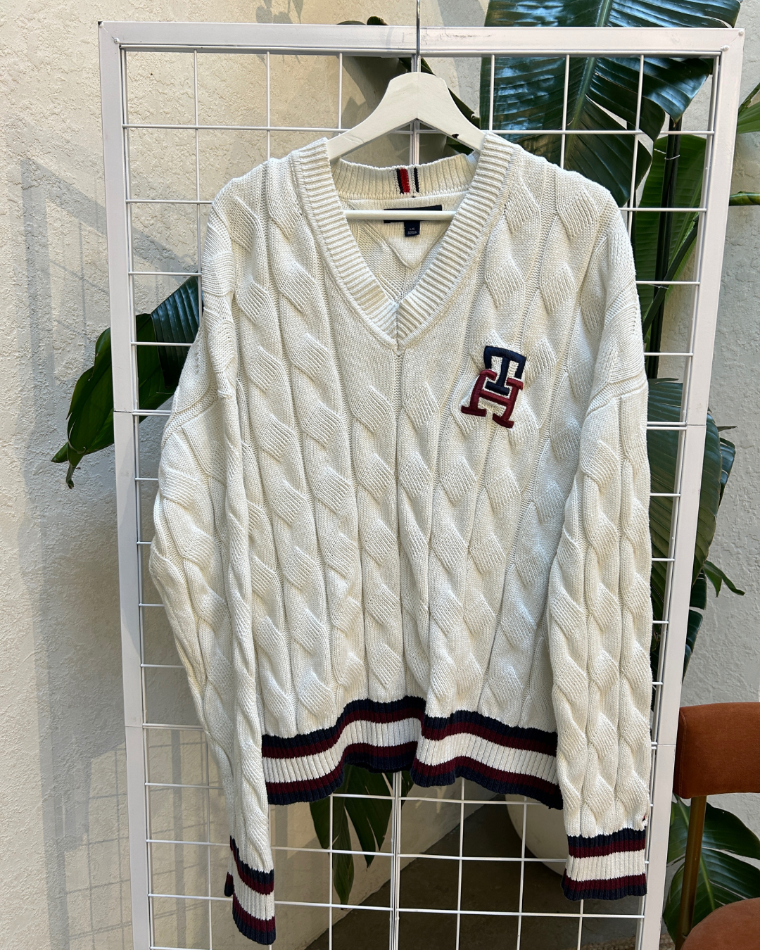 Tommy Hilfiger White Cable Knit Collegiate Sweater