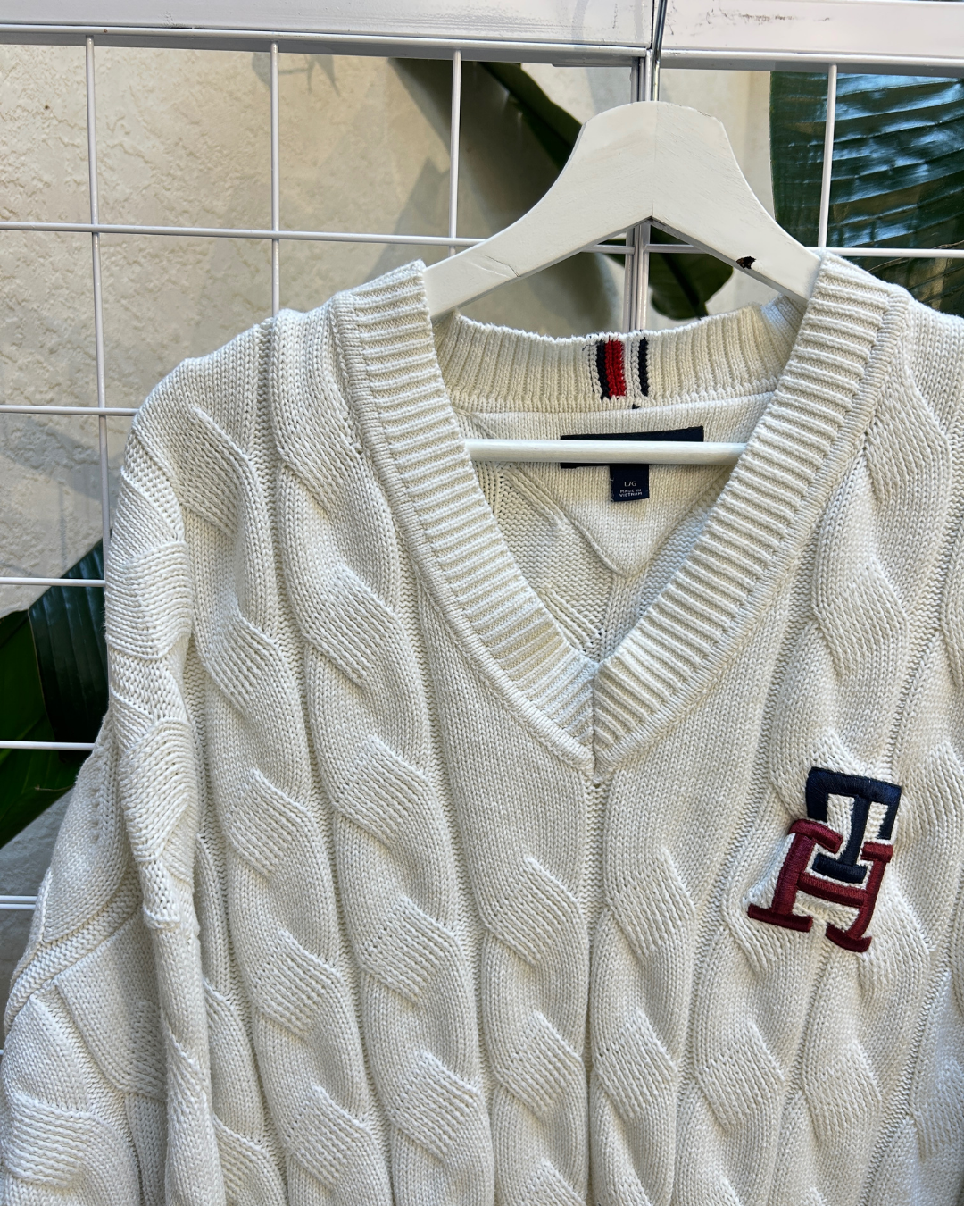 Tommy Hilfiger White Cable Knit Collegiate Sweater