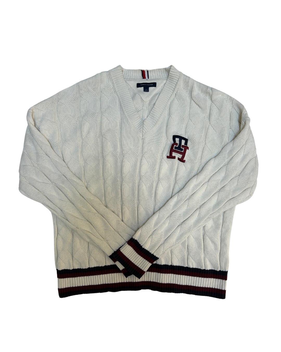 Tommy Hilfiger White Cable Knit Collegiate Sweater