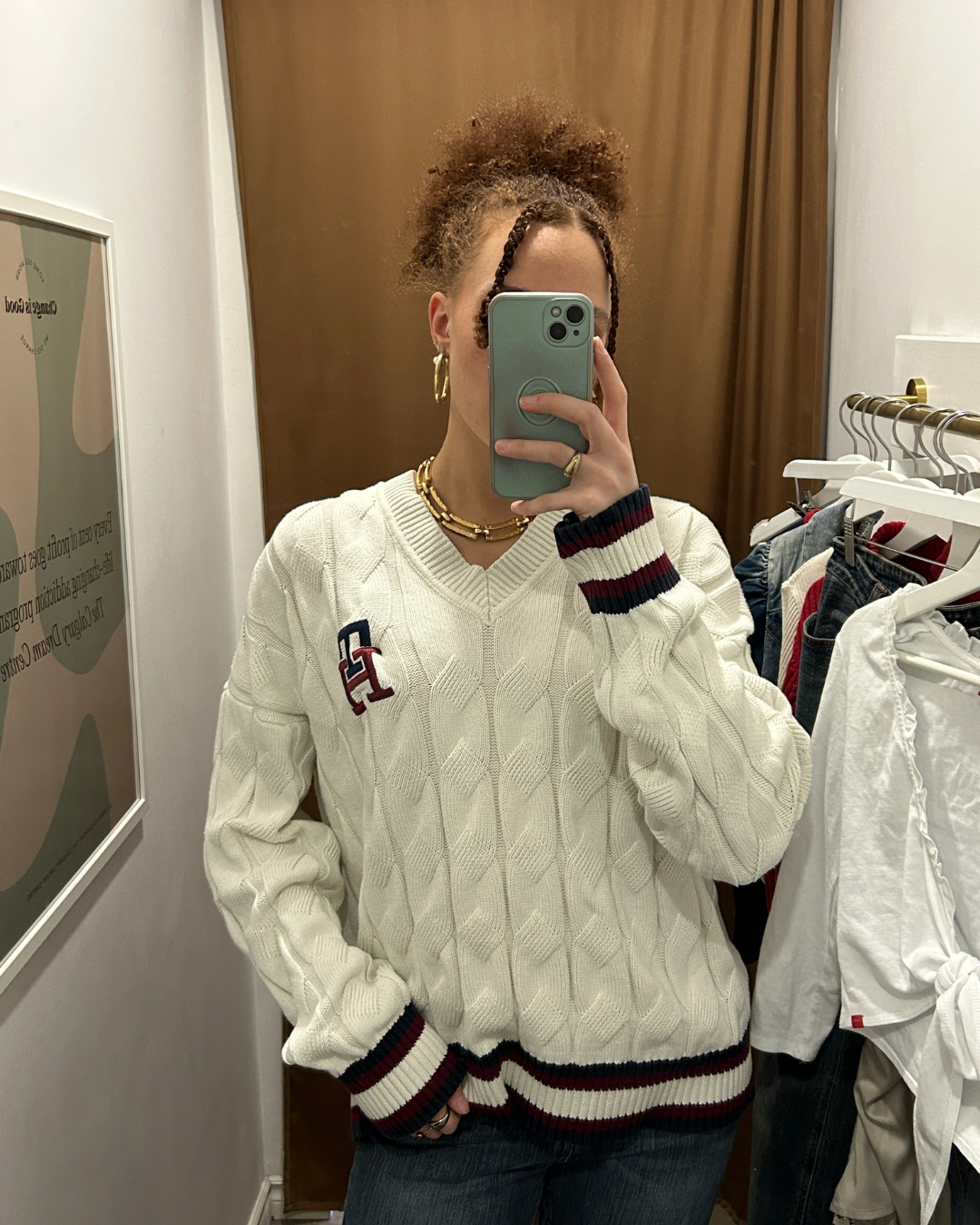 Tommy Hilfiger White Cable Knit Collegiate Sweater