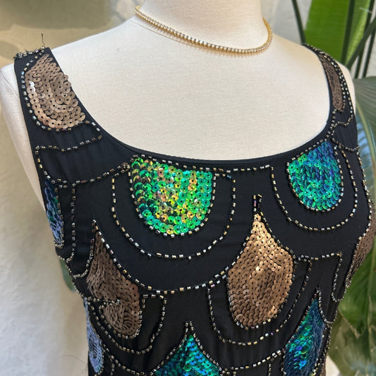 Papillon Black Gold Green Beaded Sequins Mini Dress