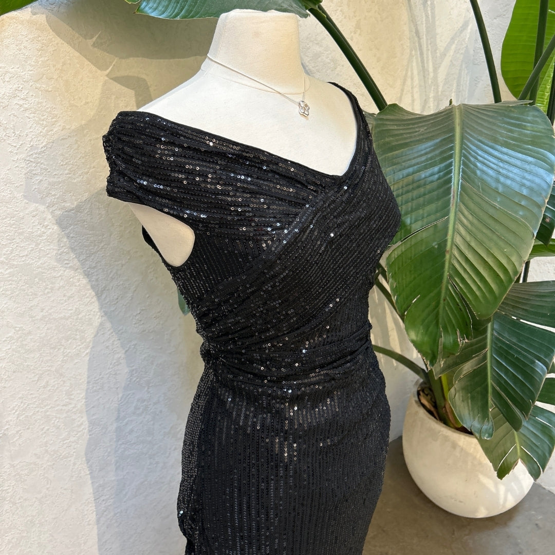 Jasambac Black Off Shoulder Sequins Dress