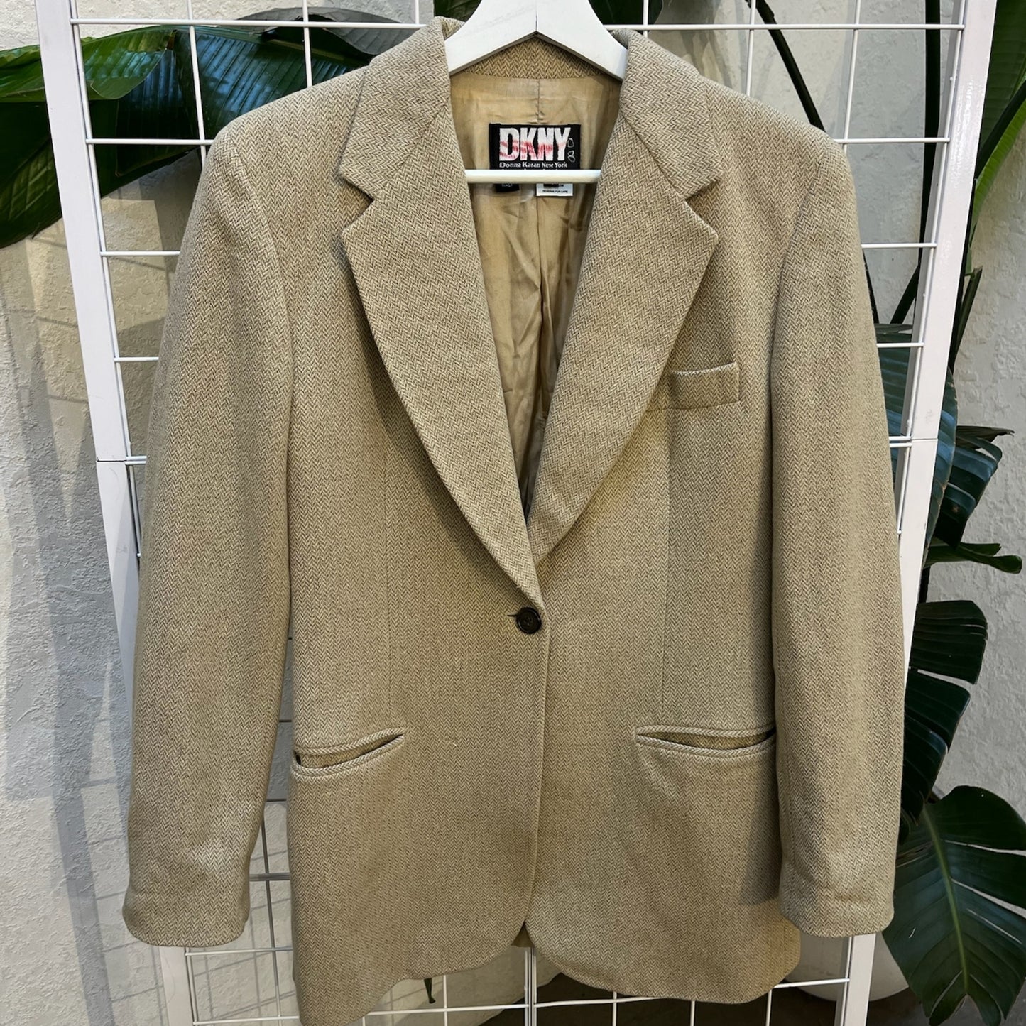 DKNY Beige Herringbone Wool Blazer