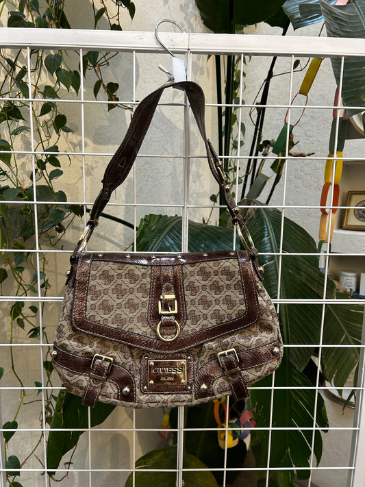 Guess Brown Monogram and Leather Shoulder Bag