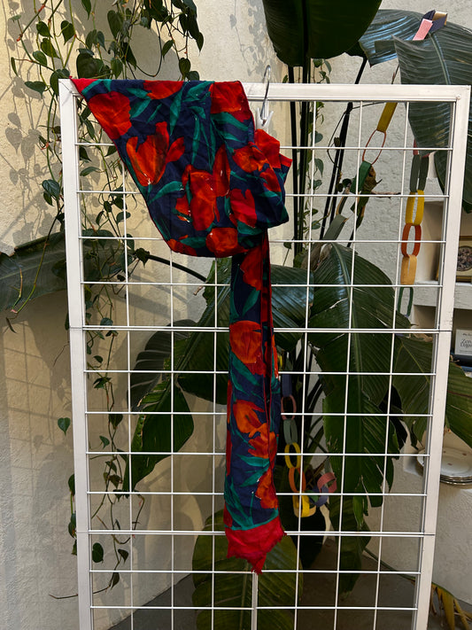 Bill Bass Red and Navy Tulip Silk Scarf