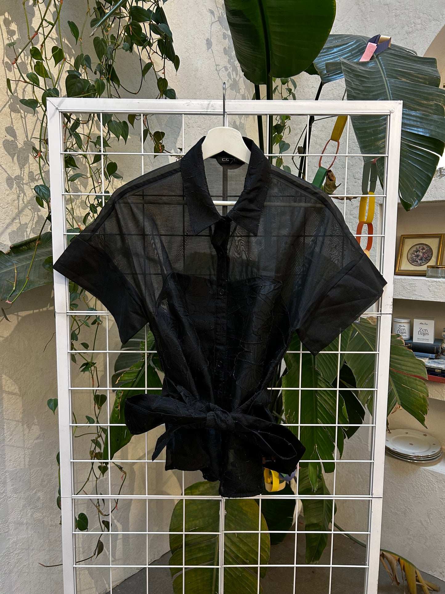 CQ Black Organza Floral Button Up Blouse