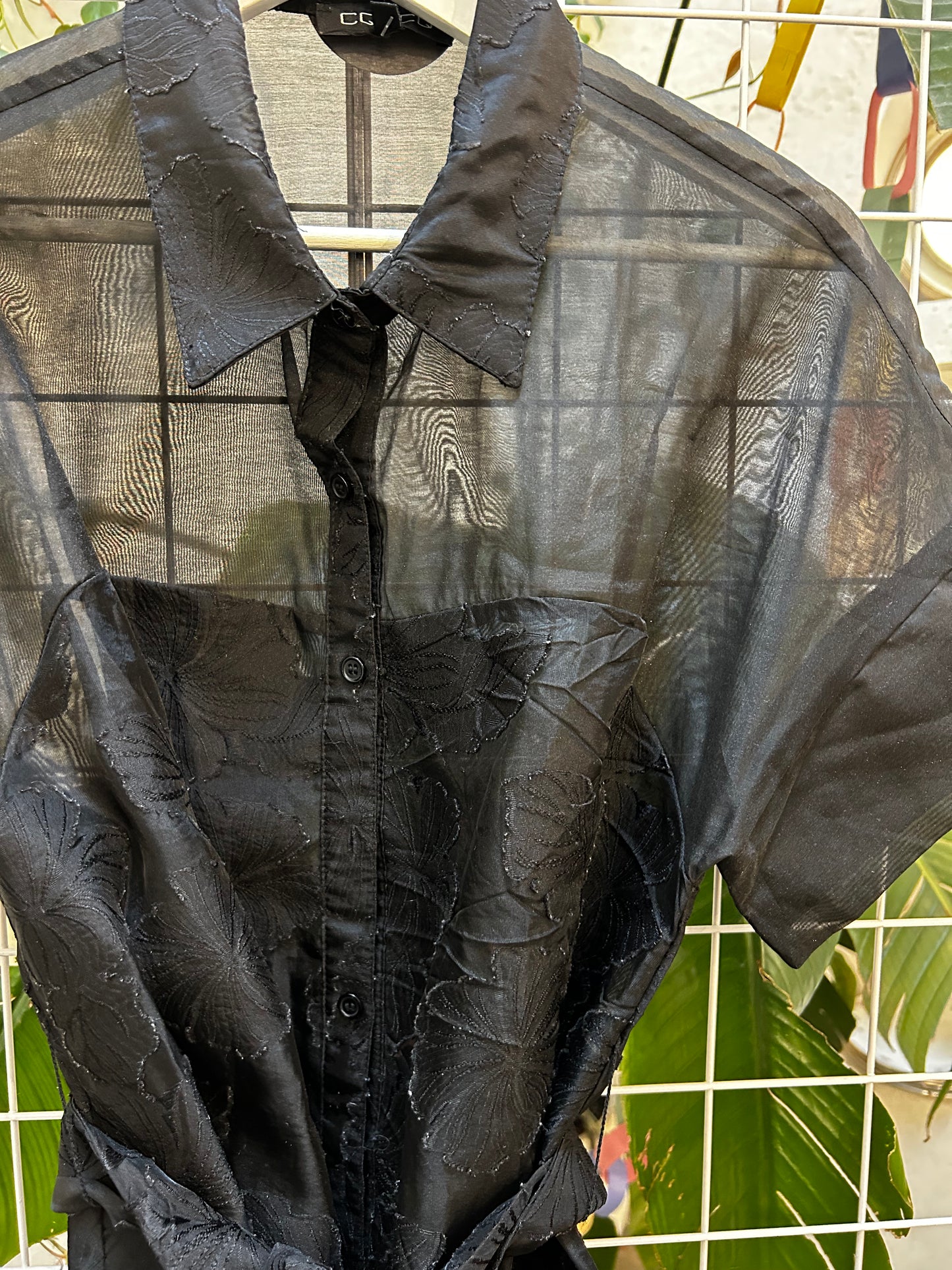 CQ Black Organza Floral Button Up Blouse