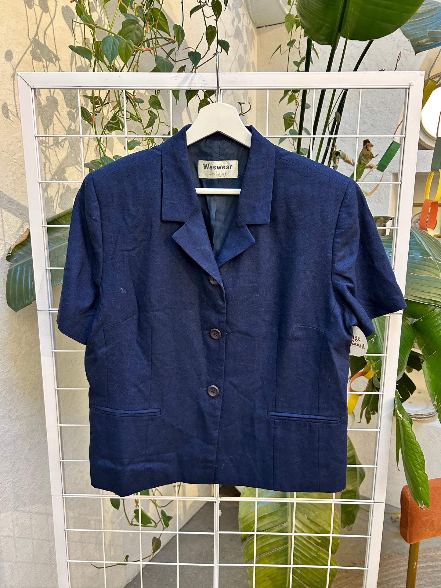 Laura Petites Navy Blue Linen Short Sleeve Blazer