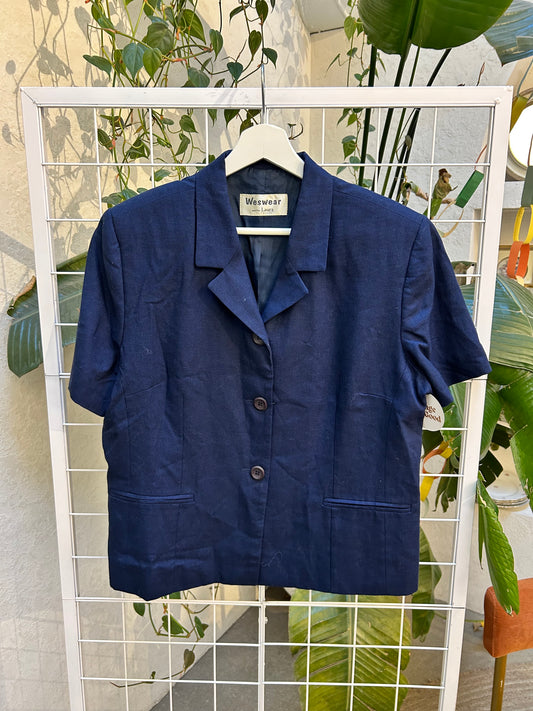 Laura Petites Navy Blue Linen Short Sleeve Blazer
