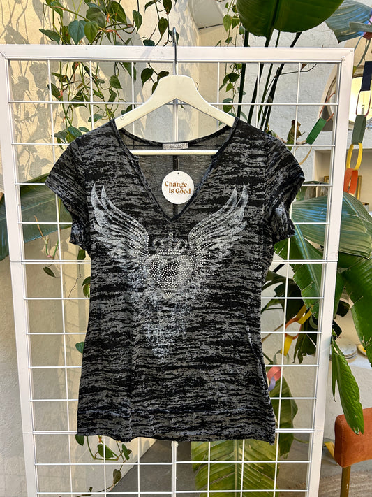 Davida Black and Grey Burnout Winged Heart Y2K Tee